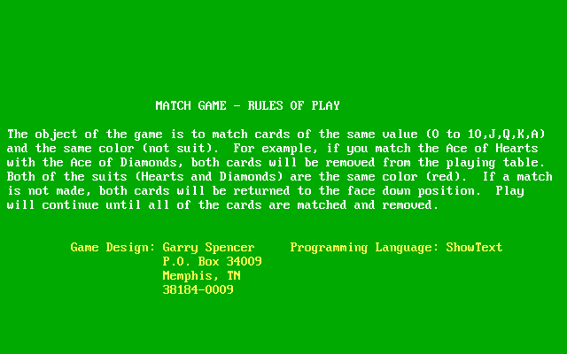 ShowText (included games) (DOS) screenshot: Match: rules of play