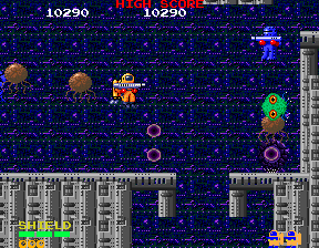 Alien Sector (Arcade) screenshot: Those blue aliens resemble Kissy/Takky