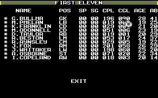 Kenny Dalglish Soccer Manager (Commodore 64) screenshot: First eleven
