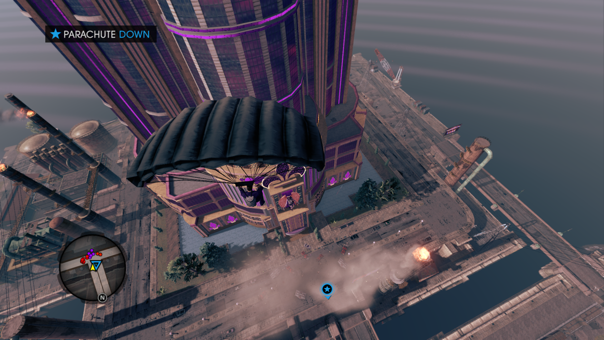 Saints Row IV: Enter the Dominatrix (Windows) screenshot: ...and an impressive parachute entry into the action.