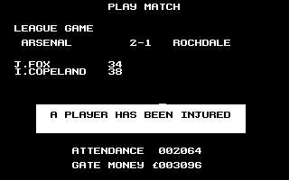 Kenny Dalglish Soccer Manager (Atari 8-bit) screenshot: Player injury message