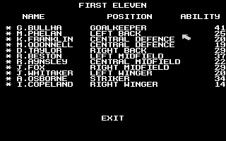 Kenny Dalglish Soccer Manager (Atari 8-bit) screenshot: First eleven