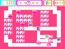 Mr. Dig (Dragon 32/64) screenshot: Level 3, dropping an apple on a meanie