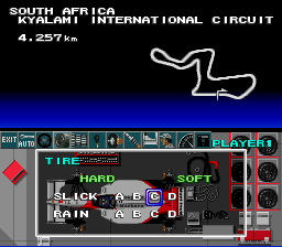 F1 Pole Position (SNES) screenshot: Adjusting the hardness of the tires