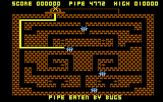 Diamond Mine (Atari 8-bit) screenshot: Pipe eaten by bugs