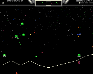 Star Defender (Amiga) screenshot: An alien goes down to sweep away a human