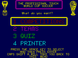 World Cup Soccer (ZX Spectrum) screenshot: Learn about competitions or teams?