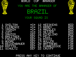 World Cup Soccer (ZX Spectrum) screenshot: Your squad
