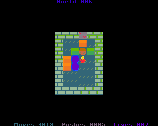 BoxWorld 2 (Amiga) screenshot: Use the orange block to fill the hole, then push the green block to the left and the orange block on the top to the right