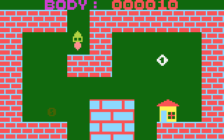 Přízrak nuly (Atari 8-bit) screenshot: Coin above the cottage