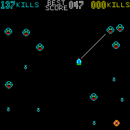 Killer Comet (Arcade) screenshot: Shooting diagonally at the aliens.