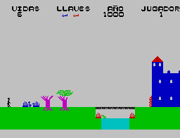 Tick Land (ZX Spectrum) screenshot: The first castle, guarded by a crocodile.