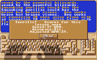 Mavis Beacon Teaches Typing! (Amiga) screenshot: Done Terrific! on that one.