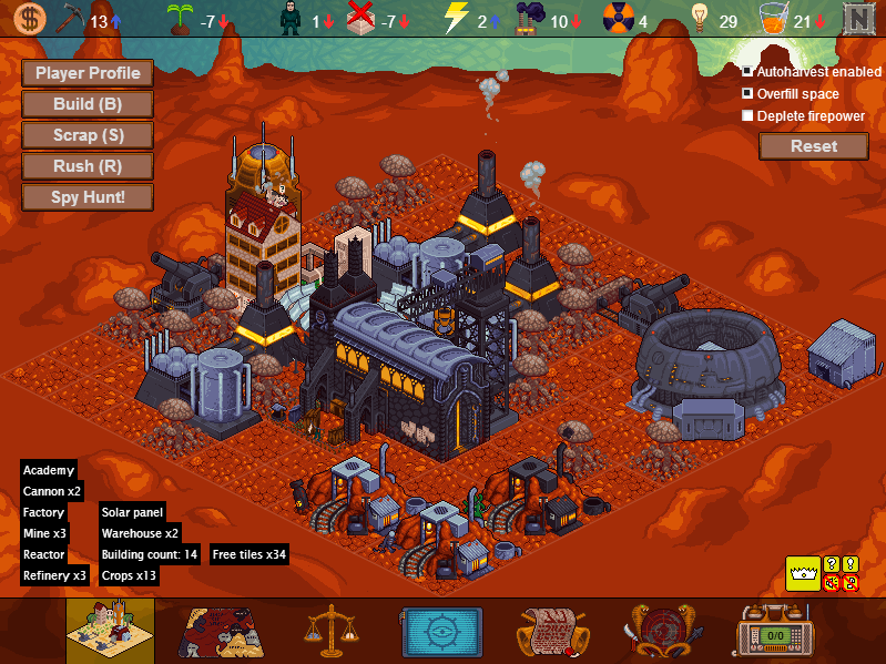 Battle Mines (Browser) screenshot: A miner digs for uranium ore, then refines it into enriched, battle-ready uranium, for sale or personal use.