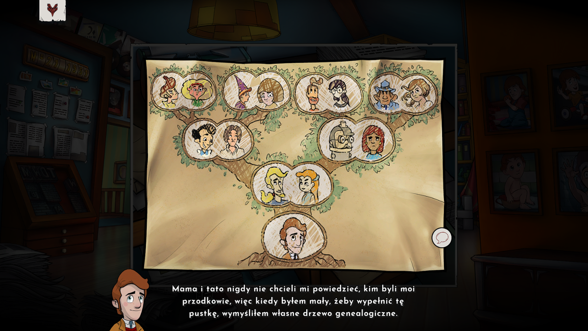 Irony Curtain: From Matryoshka with Love (Windows) screenshot: Evan has imagined his own family tree... don't we recognise some of these characters? ;)