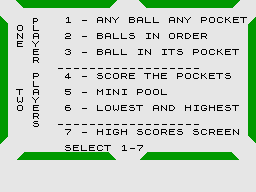 Minnesota Fats' Pool Challenge (ZX Spectrum) screenshot: Options