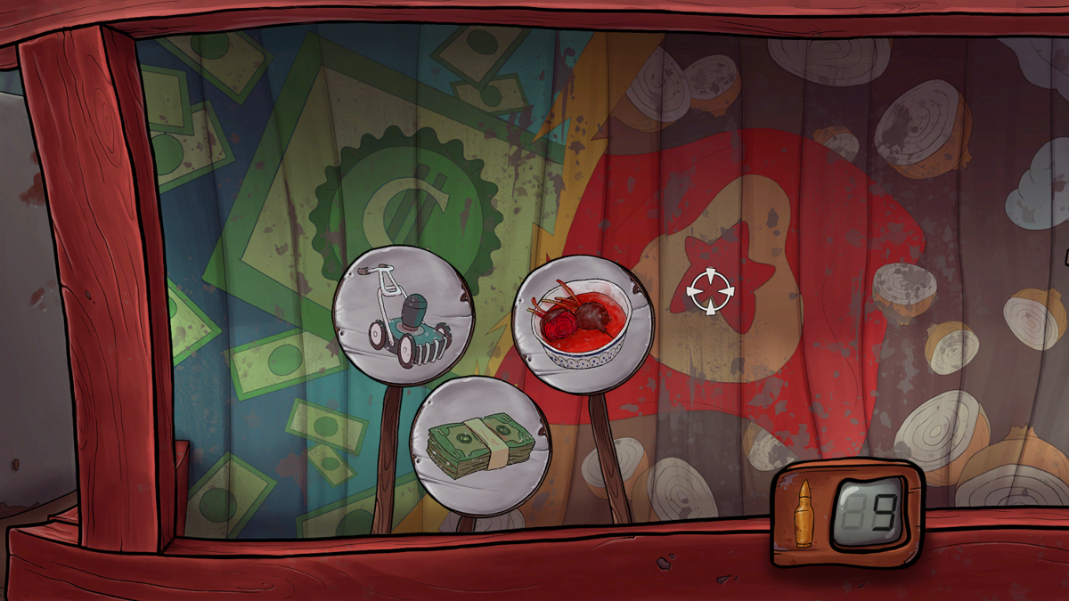Irony Curtain: From Matryoshka with Love (Windows) screenshot: At the festival: shoot only Western symbols (currency, hamburgers, cigars, baseball bats...) to win the competition.