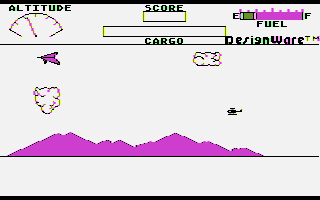 Spellicopter (Atari 8-bit) screenshot: Flying above the hills