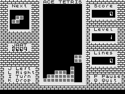 Tetris (Jupiter Ace) screenshot: About to clear a line