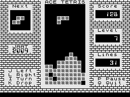 Tetris (Jupiter Ace) screenshot: Starting to get higher