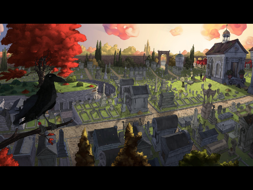 Runaway: A Twist of Fate (Windows) screenshot: General view of the cemetery, with Brian's funeral taking place close to the chapel on the right.