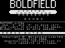 Puzzle / Bombs (Jupiter Ace) screenshot: Bombs: Title Screen