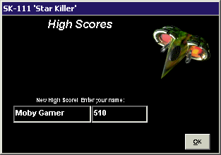 SK-111 'Star Killer' (Windows) screenshot: When a high score is achieved it is entered in another small window