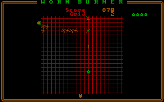 Worm Burner (DOS) screenshot: More segmented creepers join in for the second wave.