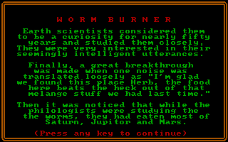 Worm Burner (DOS) screenshot: For a tiny 7KB game, it sure has a long (but fun) backstory