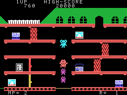 Mappy (Sord M5) screenshot: All on the trampoline!