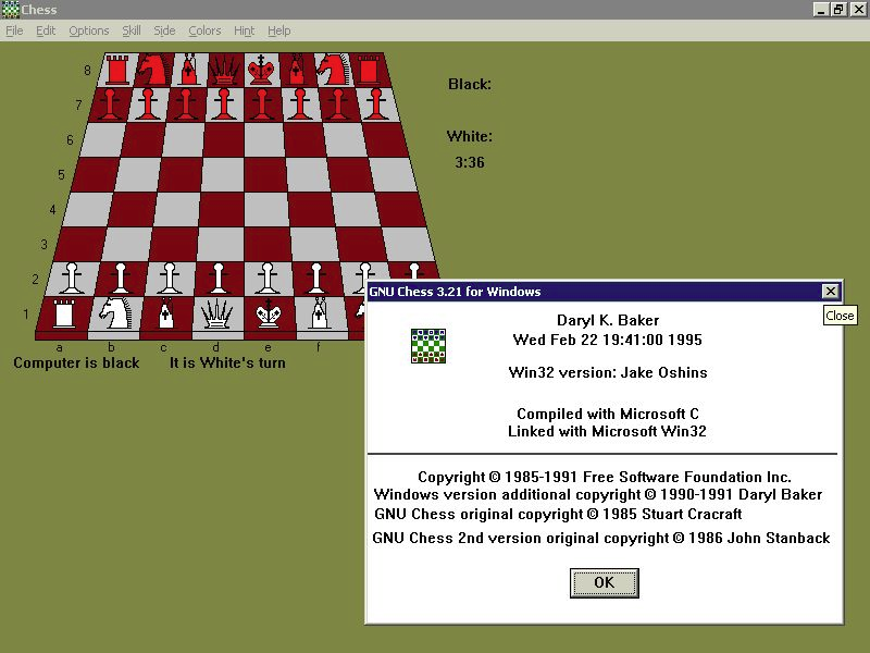 GNU Chess (Windows) screenshot: There's little difference between the early Windows and the WIN 3.x versions as both are ports of GNU Chess 3.21