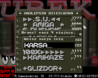 Ubek (Amiga) screenshot: High score table + enter zour name