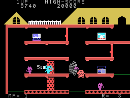 Mappy (Sord M5) screenshot: Opening the supersonic door, sending shockwaves at the cats