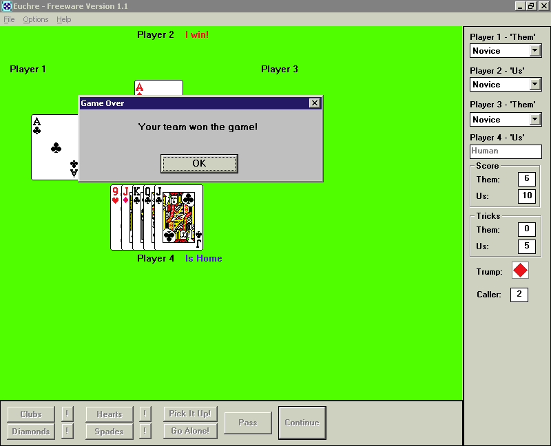 Euchre (Windows 3.x) screenshot: Game Over! The game is played in teams of two and the player's team has been successful