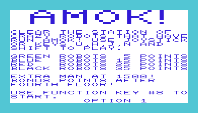 Amok (VIC-20) screenshot: Title screen