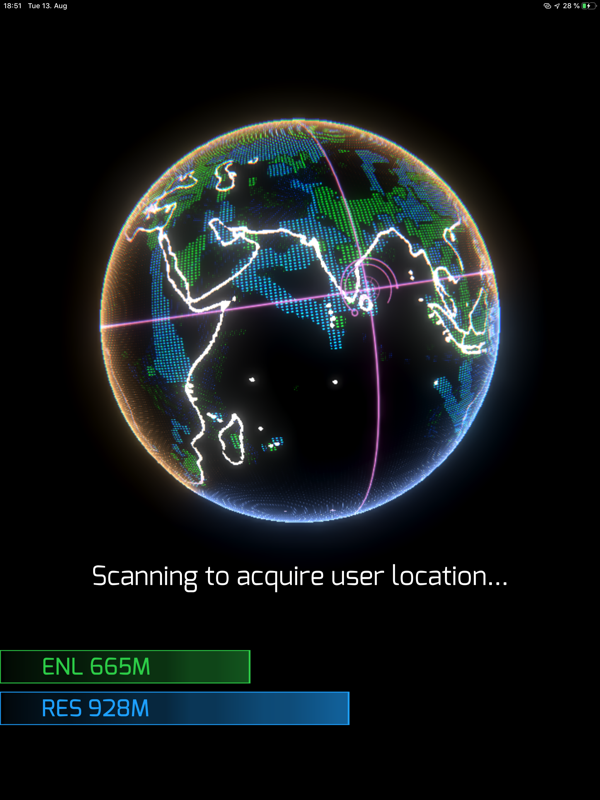 Ingress Prime (iPad) screenshot: Scanning to acquire user location...