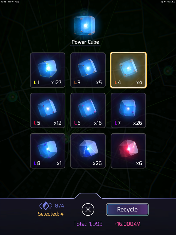 Ingress Prime (iPad) screenshot: Power Cubes are levelled items that can be used to recharge your Exotic Matter tank.