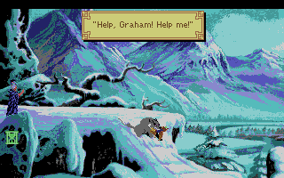 King's Quest V: Absence Makes the Heart Go Yonder! (Amiga) screenshot: While the 32-color Amiga version usually doesn't look as good as PC's VGA, the mountains really look interesting in this reduced color palette.