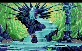 King's Quest V: Absence Makes the Heart Go Yonder! (Amiga) screenshot: Graham's private harp concert for Queen Icebella and her wolves...