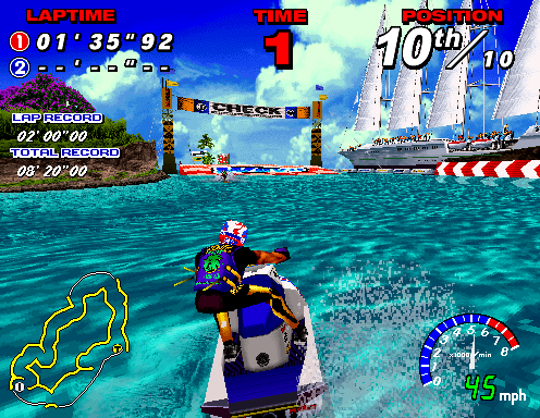 WaveRunner (Arcade) screenshot: A ship is ahead, but so is the Game Over as time is running out