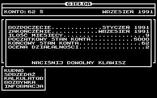 Giełda (Atari 8-bit) screenshot: Game summary