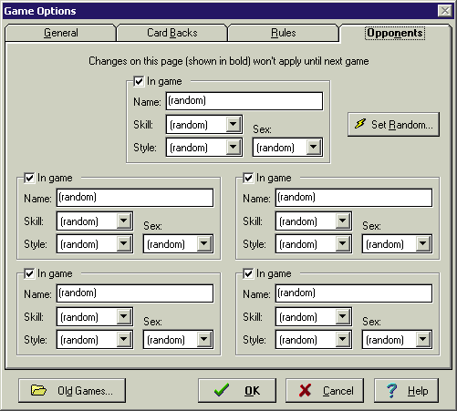 Smoke'em Poker (Windows 3.x) screenshot: The game configuration options are offered at the start of the game and can also be accessed via the menu bar. This is the screen where the AI opponents can be configured