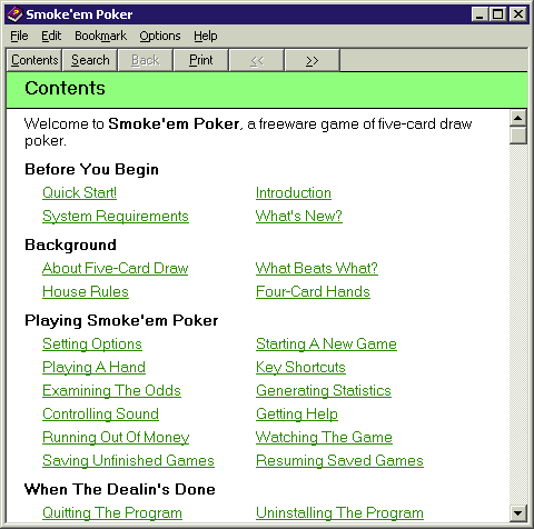 Smoke'em Poker (Windows 3.x) screenshot: The game has good documentation which is accessed via the menu bar. It opens in a new window.