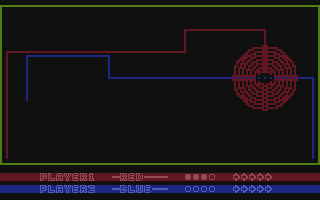 Line Kiler (Atari 8-bit) screenshot: Red hit the trail