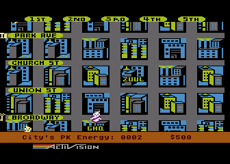 Ghostbusters (Atari 8-bit) screenshot: City grid display, buildings flash when they have a ghost problem