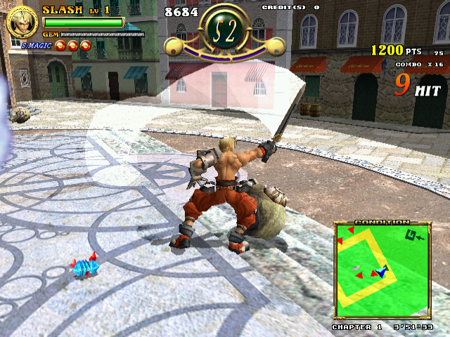 Slashout (Arcade) screenshot: Even when the enemy has no HP, you can keep slashing them for a bonus score.