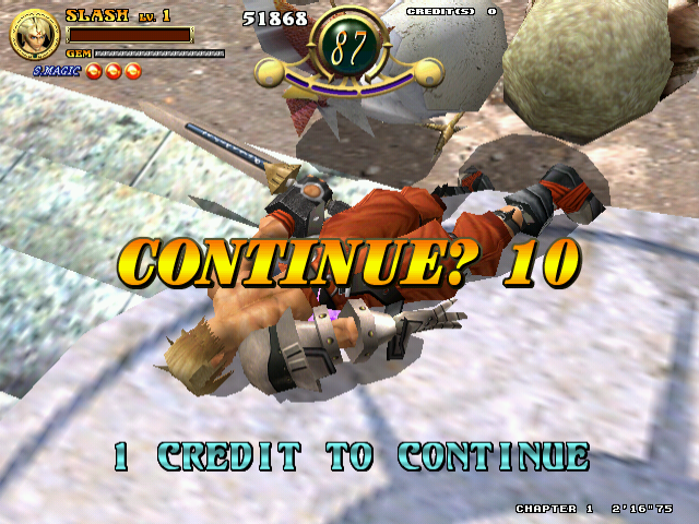 Slashout (Arcade) screenshot: If you run out of HP you've got 10 seconds to throw a coin and continue.