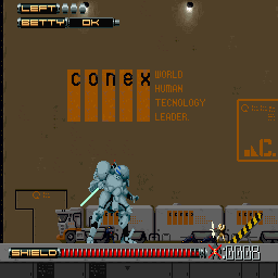 Genocide 2: Master of the Dark Communion (Sharp X68000) screenshot: Little soldier shooting at the big mech
