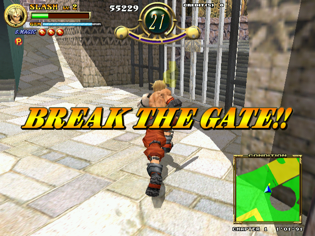 Slashout (Arcade) screenshot: After defeating the boss you have to rush to the gate and break it to progress further.