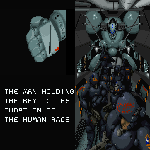 Genocide 2: Master of the Dark Communion (Sharp X68000) screenshot: "No Fear come on babe" on the guy's helmet